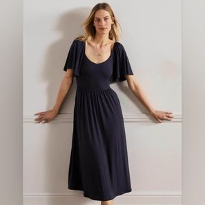 Boden smocked jersey midi dress in navy size 10
